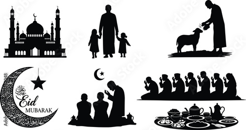 Eid celebration silhouettes, Islamic culture icons, mosque design, family togetherness, animal sacrifice, communal prayer, crescent moon, festive feast, Ramadan lantern, religious tradition