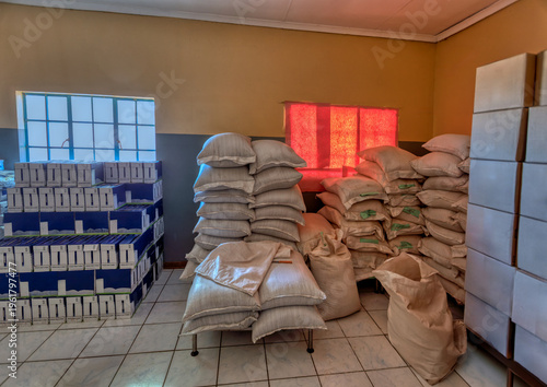 Interior View of a Community Hall Prepared for Food Relief Distribution