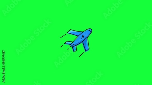 Hand drawn airplane animation for flight travel and aviation concepts. Doodle style motion graphics of a blue plane flying on green screen chroma key and white background. Ideal for tourism, airline
