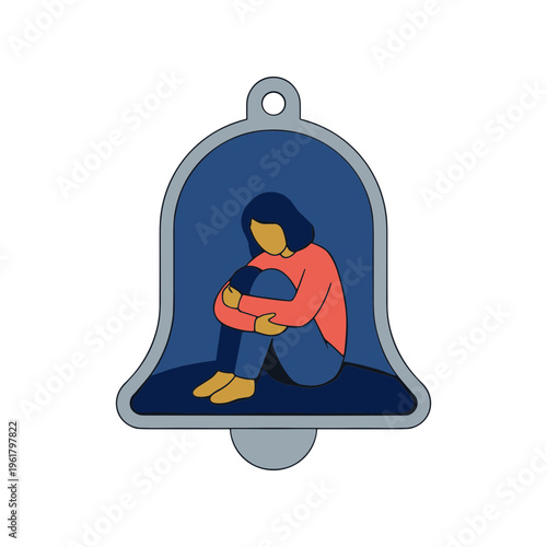 A woman sits inside a bell crying alone