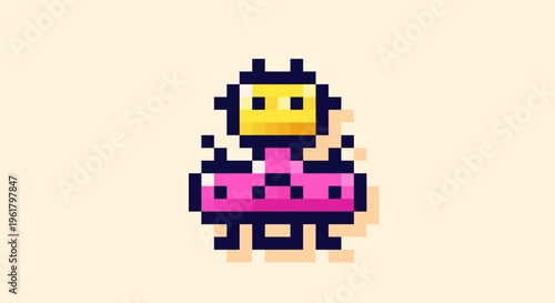 Pixel art 8-bit magenta and yellow space raider.
