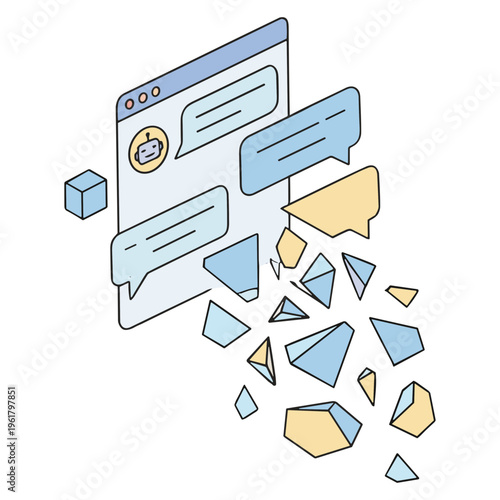 A broken computer screen with shattered glass and speech bubbles explodes outward.