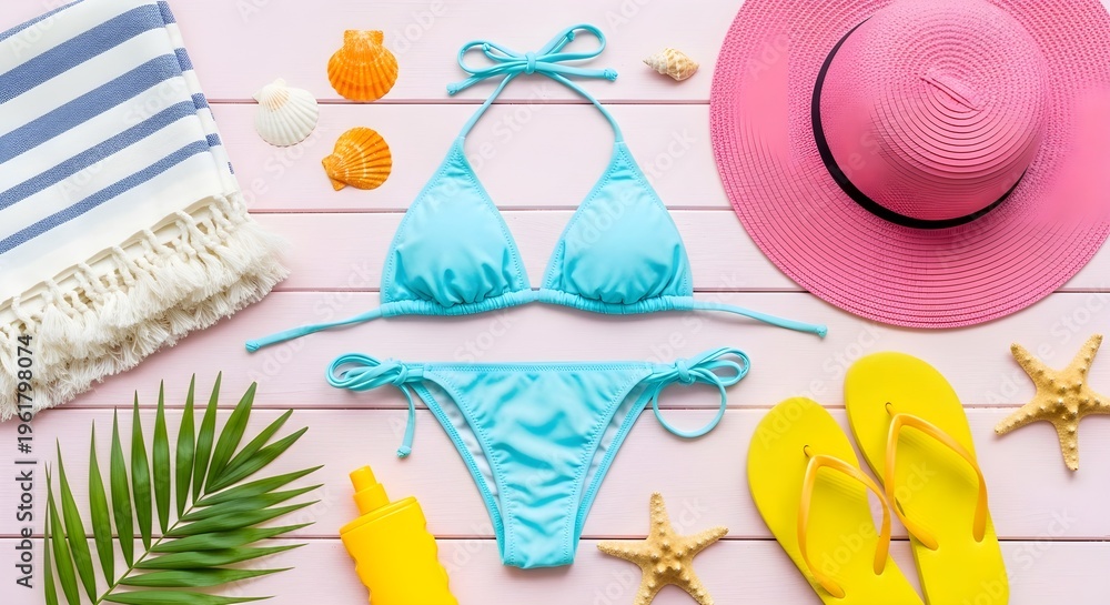 Naklejka premium Summer vacation essentials including blue bikini, pink sun hat, yellow flip-flops, striped towel, sunscreen, seashells, starfish, and palm leaf, presented in a vibrant flat lay on pink wooden backgrou