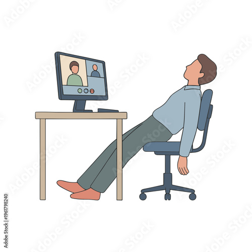 Man slumps back in chair during online meeting on computer screen