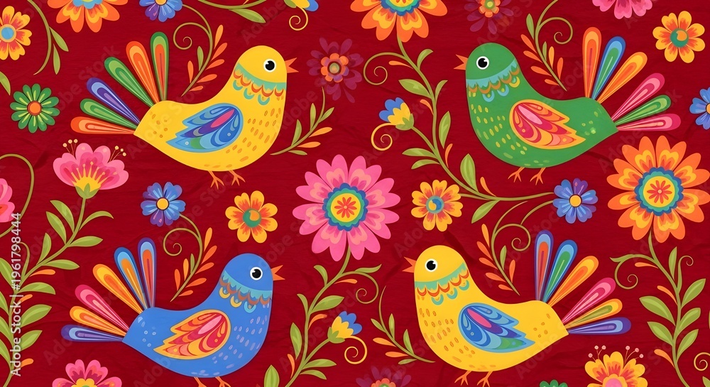 Obraz premium Whimsical birds and blooming flowers create a colorful folk art pattern on a deep purple background