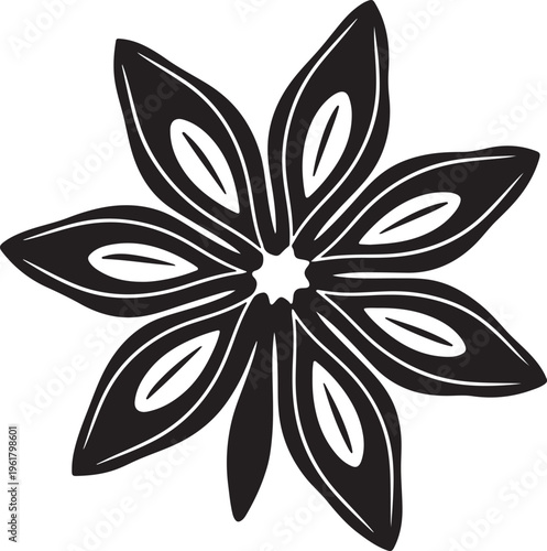 Star anise vector illustration, black and white spice icon for culinary branding, organic star anise seed pod drawing for food packaging