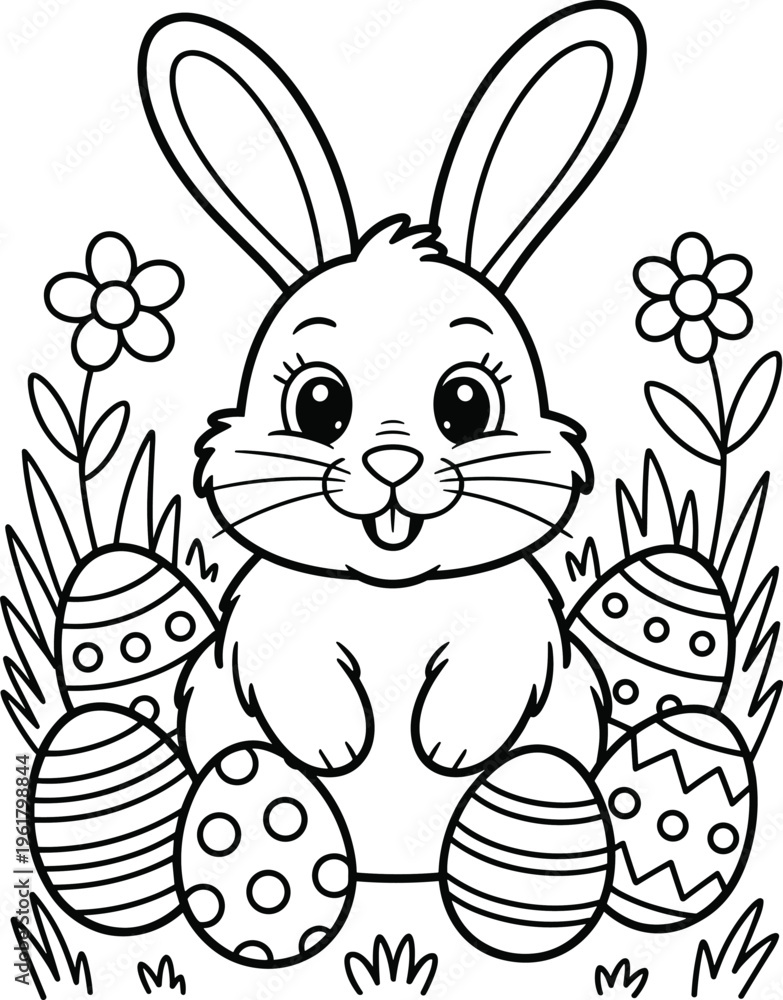 Obraz premium Easter Bunny Sitting in a Spring Garden with Decorated Easter Eggs Coloring Page for Kids