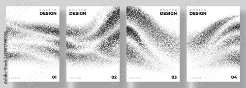 Vector posters with abstract grainy gradient texture. Collection of flyers with waves made by black stipple texture effect. Abstract black gradient waves or sand dunes with stipple effect.