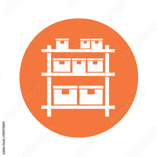 Vector of a three-tiered shelving unit with boxes stored on each level.