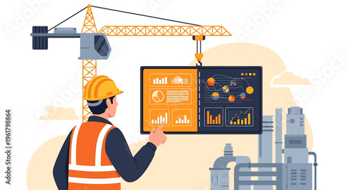 Construction worker analyzes data on digital screen near crane and factory.