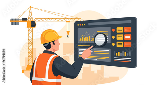 Construction worker analyzing data on a digital screen with crane in background.