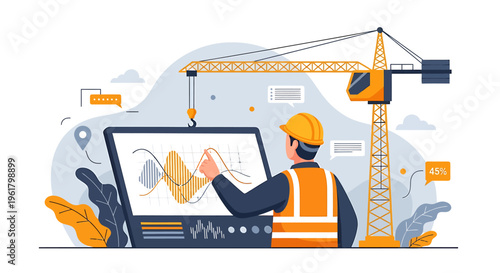 Construction worker analyzing data on laptop with crane in background.