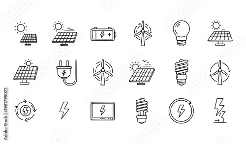 Energy line icon set renewable power solar wind battery editable stroke vector collection isolated on white background