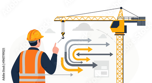 Construction worker pointing at workflow diagram near crane.