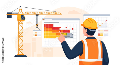 Construction worker planning project schedule on Gantt chart.