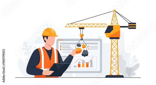 Construction worker overseeing project with crane and data display.