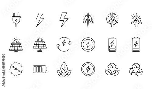 Premium energy linear icon set editable stroke power and renewable symbols vector illustration isolated on white background