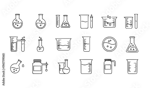 Science laboratory beaker and measuring glass line icon set experiment symbols vector collection isolated on white background