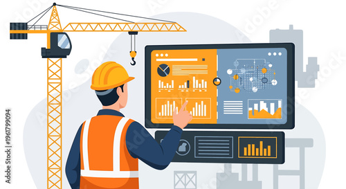 Construction worker using digital technology for project management.