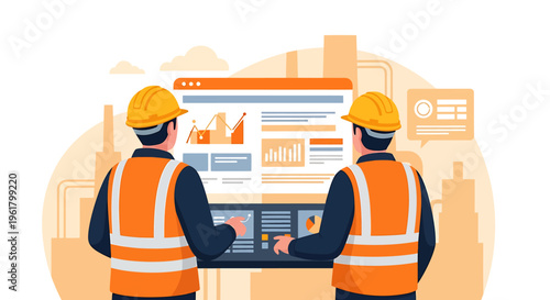 Two construction workers in hard hats and safety vests collaborating on a digital screen.