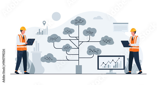 Engineers analyze cloud network infrastructure with laptops.
