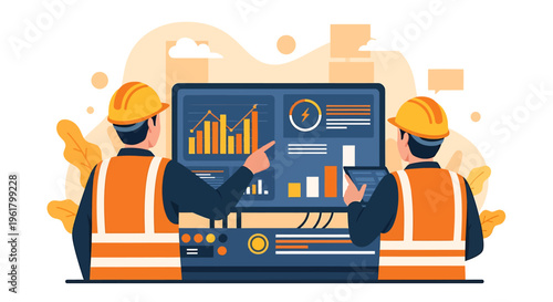 Two construction workers analyzing data on a digital screen.