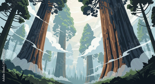 Misty forest landscape with giant sequoia trees and foggy atmosphere natural scenery