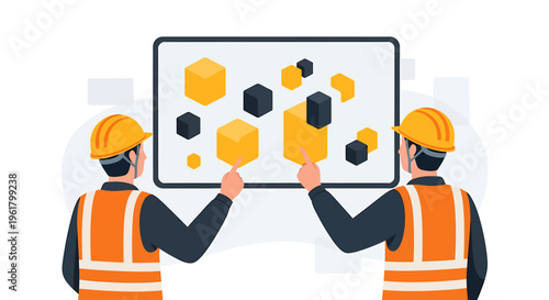 Two construction workers pointing at a digital screen displaying geometric shapes.