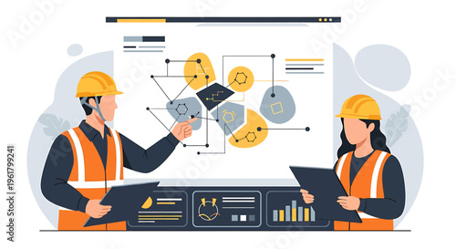 Two construction workers analyze a complex diagram on a large screen.