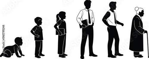 Human Life Stages Silhouette Vector Illustration Showing Growth from Infant to Elderly with Age Milestones for Educational and Informational Use