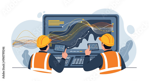 Two engineers analyzing data on a large computer screen.