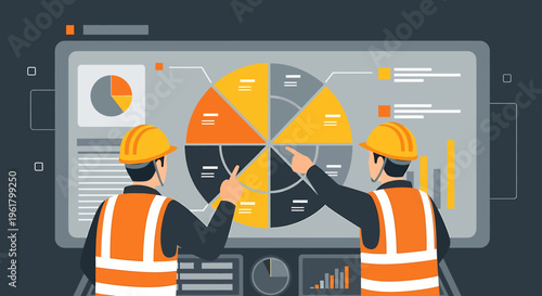 Two construction workers analyzing data on a large screen.