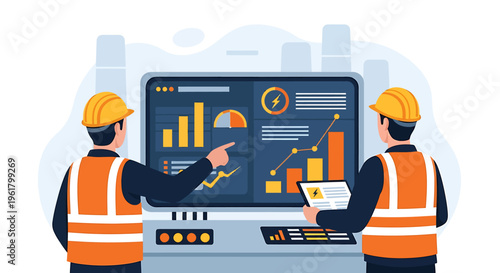 Two engineers in hard hats and safety vests analyze data on a large screen.