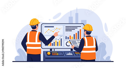 Two engineers in hard hats and safety vests analyzing data on a large computer screen.