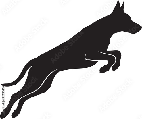 Doberman Pinscher silhouette jumping, athletic dog breed vector icon, black canine profile in mid-air leap, guard dog agility and movement