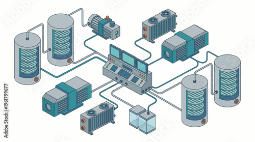 Industrial process system with machinery and pipelines.