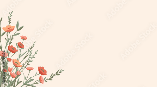 Vibrant coral poppies bloom against a soft beige background, surrounded by lush green leaves.