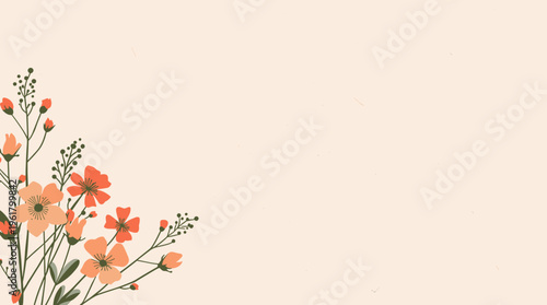 A stylized floral pattern featuring green stems and vibrant orange flowers on a soft cream background, ideal for use in design projects requiring a to
