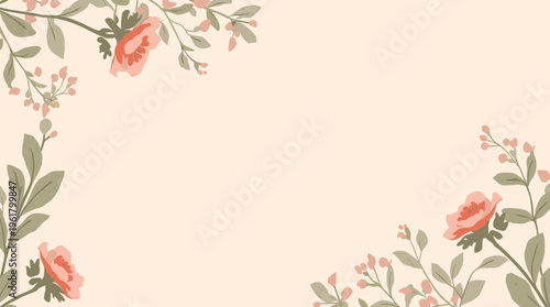 A stylized illustration of a flower and leaves in muted colors, ideal for use in graphic design projects, such as backgrounds, textiles, or stationery