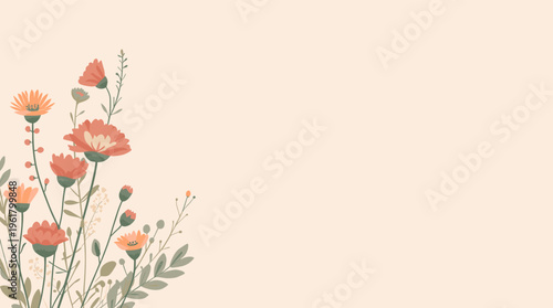 A serene and artistic floral pattern design featuring a large orange flower and green stems on a beige background, evoking a sense of calmness and ele