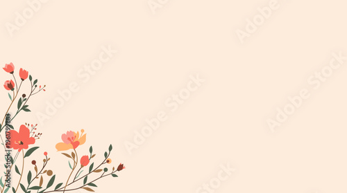 A calming illustration of a floral pattern featuring green leaves and pink flowers on a soft beige background.