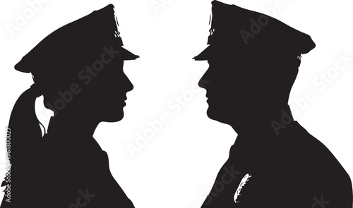 Police officers, law enforcement silhouettes, black and white, vector icons, crime prevention