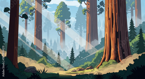 Serene forest landscape with towering trees and sunlit misty atmosphere in a natural wilderness setting