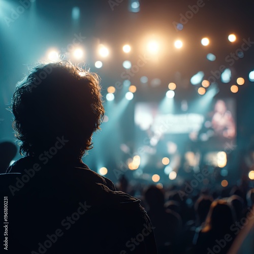 speaker stage silhouettes: one speaker as a dark silhouette on a softly lit stage, shot from behind the audience with heavy bokeh; no identifiable face, no readable screens, no logos