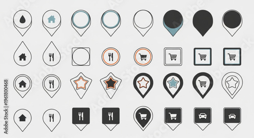 Collection of Hand-Drawn Map Pointer Icons with Various Symbols.
