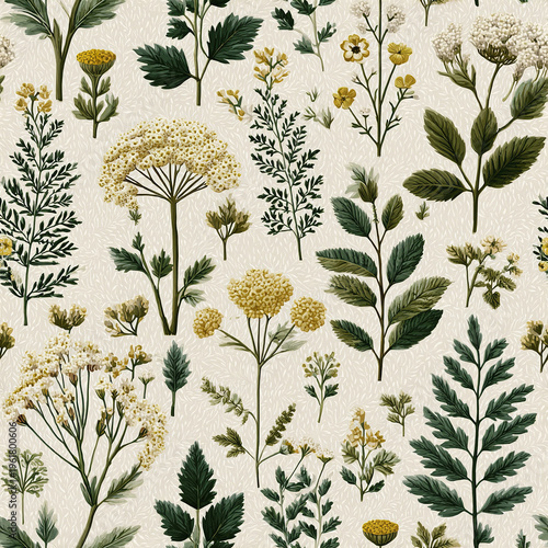 Wildflower botanical pattern with green leaves and yellow flowers on light textured background, creating calm and natural countryside style design
