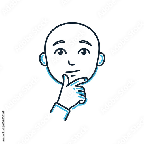 Vector of a bald man with a curious expression, touching his chin thoughtfully.