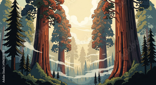 Majestic giant sequoia trees in a misty forest at sunrise with foggy atmosphere and lush green undergrowth