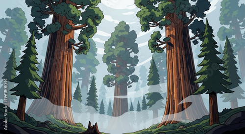 Misty forest landscape with giant sequoia trees and conifers foggy atmosphere natural scenery serene environment giant trees green foliage misty morning forest depth tree trunks