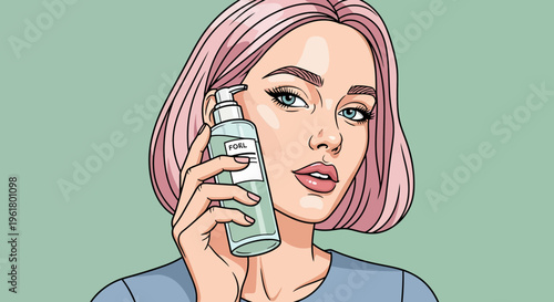 Woman applying skincare product in modern open office business setting